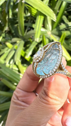 18k Yellow Gold Handmade Statement Ring - Natural Aquamarine & Rose Cut Diamonds Cocktail Ring