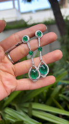 18k White Gold Diamond Dangle Earrings - Natural Emerald Gemstone Chandelier Earrings
