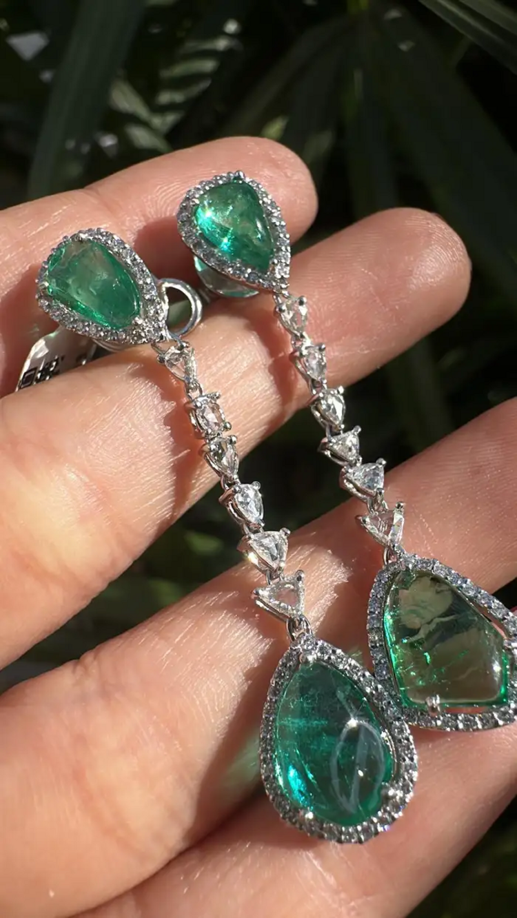 Natural Zambian Emerald & Rose Cut Diamond Dangle Earrings - 18k White Gold Handmade Drop Dangle Earrings