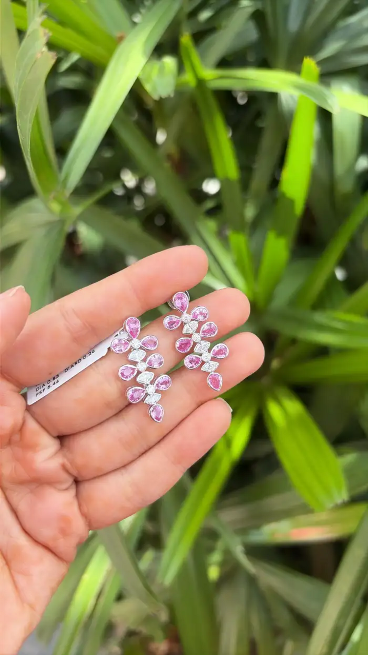 18k White Gold Diamond Dangle Earrings - Natural Pink Sapphire Earrings