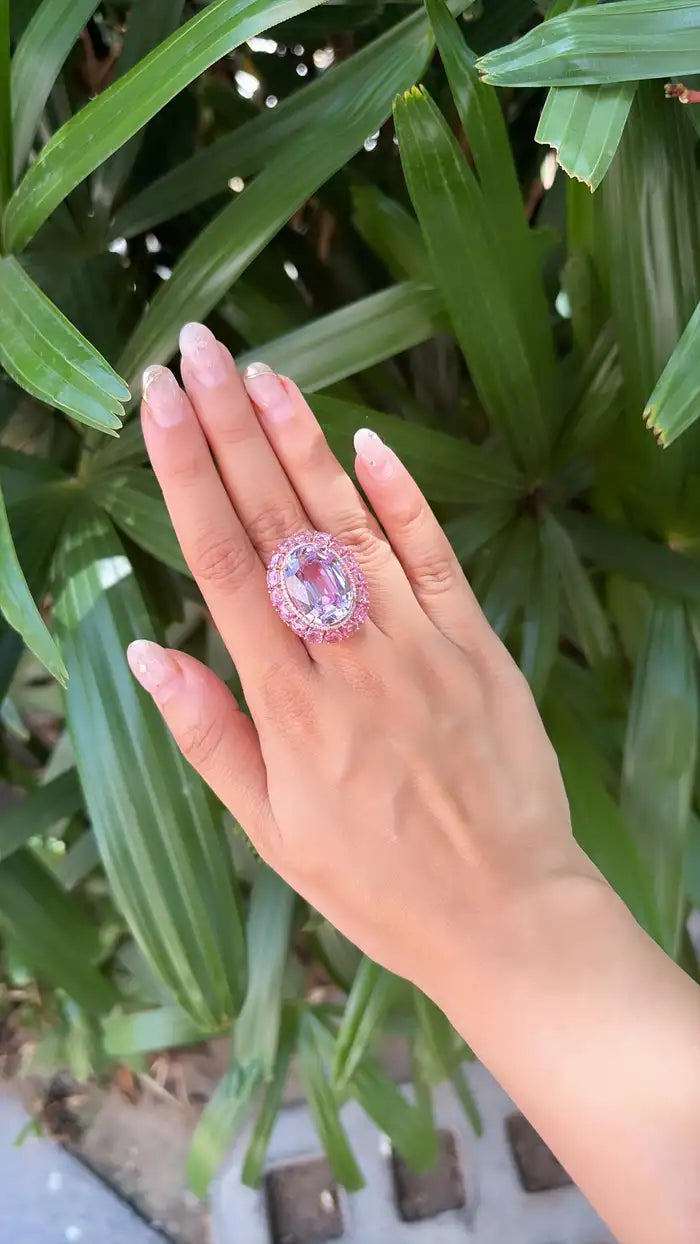26.87 Ct. Kunzite & Pink Sapphire Cocktail Ring - 18k Rose Gold Diamond Wedding Ring