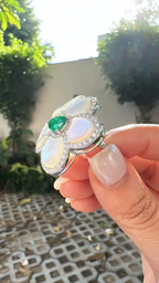 18k White Gold Diamond Cocktail Ring - Natural Mother Of Pearl & Zambian Emerald Ring