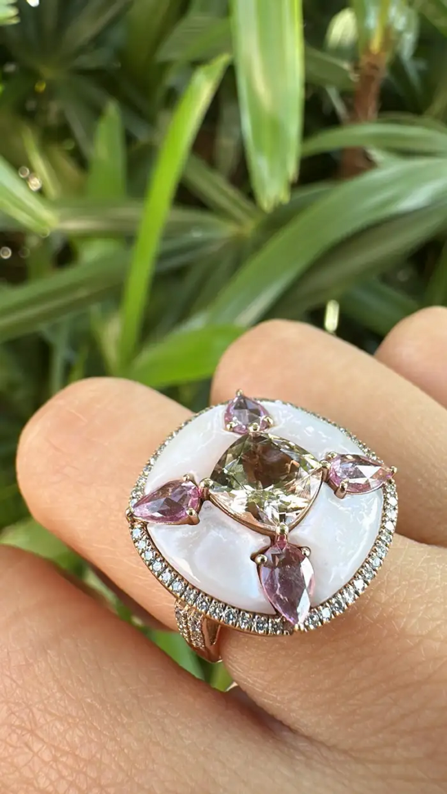 Natural Morganite & Pink Sapphire Cocktail Ring - 18k Rose Gold Diamond Handmade Ring Main Image