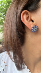 Natural Aquamarine & Tanzanite Gemstone Stud Earrings - 18k White Gold Diamond Handmade Earrings