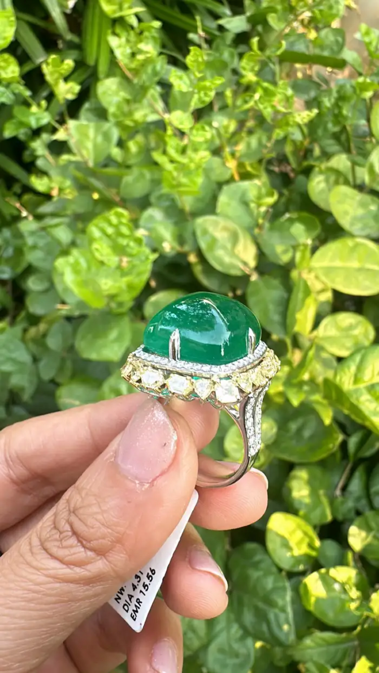 18k White Gold Statement Ring With Yellow Diamond - Natural Zambian Emerald Cocktail Ring