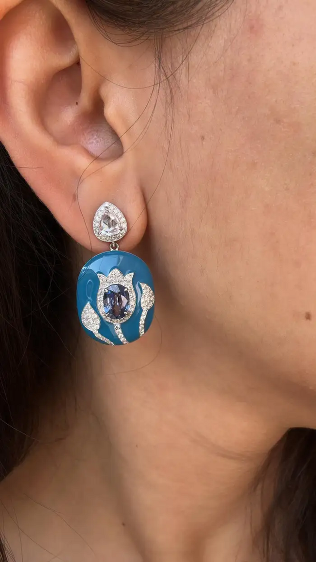 18k White Gold Rose Cut Diamond Handmade Dangle Earrings - Natural Blue Sapphire & Blue Enamel Earrings Main Image