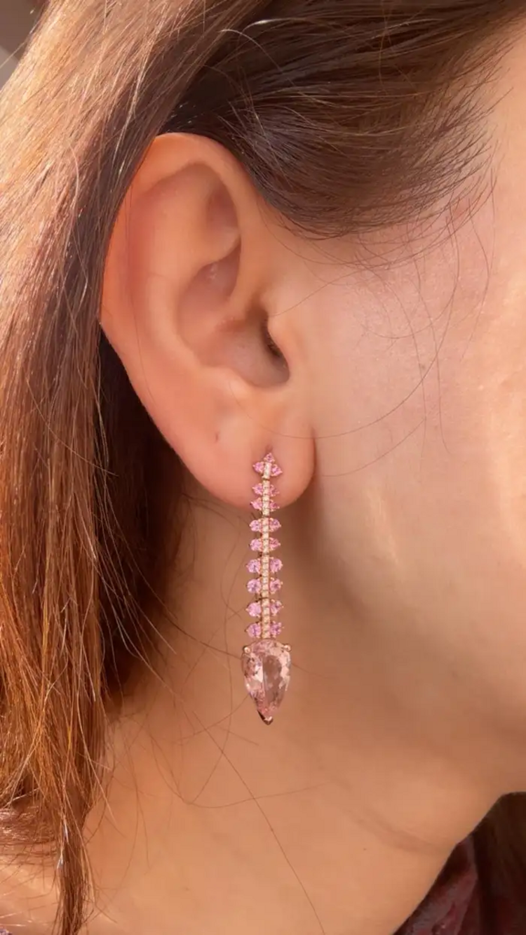 18k Rose Gold Diamond Dangle Earrings - Natural Morganite & Pink Sapphire Earrings