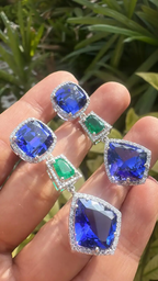 Natural Zambian Emerald & Tanzanite Dangle Earrings - 18k White Gold Diamond Earrings