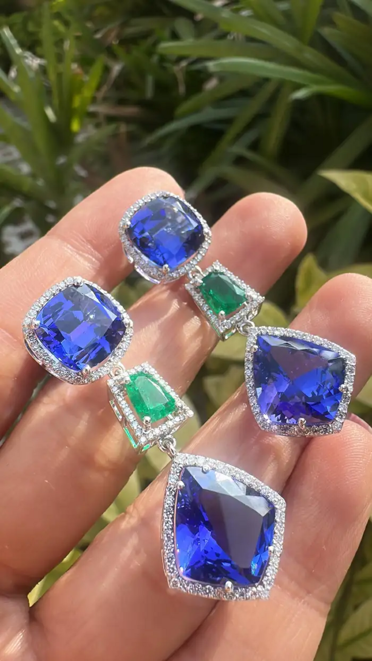Natural Zambian Emerald & Tanzanite Dangle Earrings - 18k White Gold Diamond Earrings