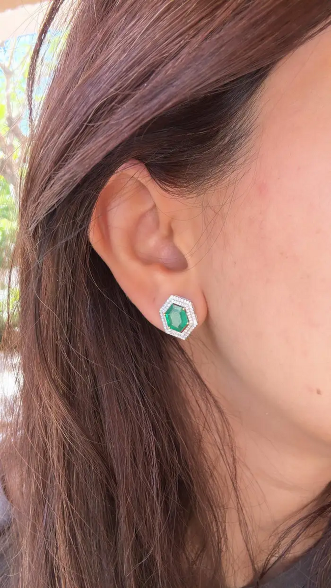 Natural Zambian Emerald Stud Earrings - 18k White Gold Diamond Tiny Stud Earrings Main Image