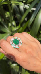 18k White Gold Diamond Ring - Natural Zambian Emerald & Ethiopian Opal Cocktail Ring