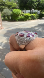 Natural Mozambique Ruby & Diamond Dome Ring - 18k White Gold Handmade Statement Ring