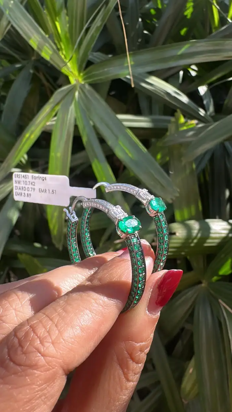 18k White Gold Diamond Hoop Earrings - Natural Zambian Emerald Earrings