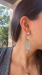 Handmade 18k White Gold Dangle Earrings - Natural Diamond & Carved Aquamarine Gemstone Earrings - Freshwater Pearl, Black Enamel Earrings