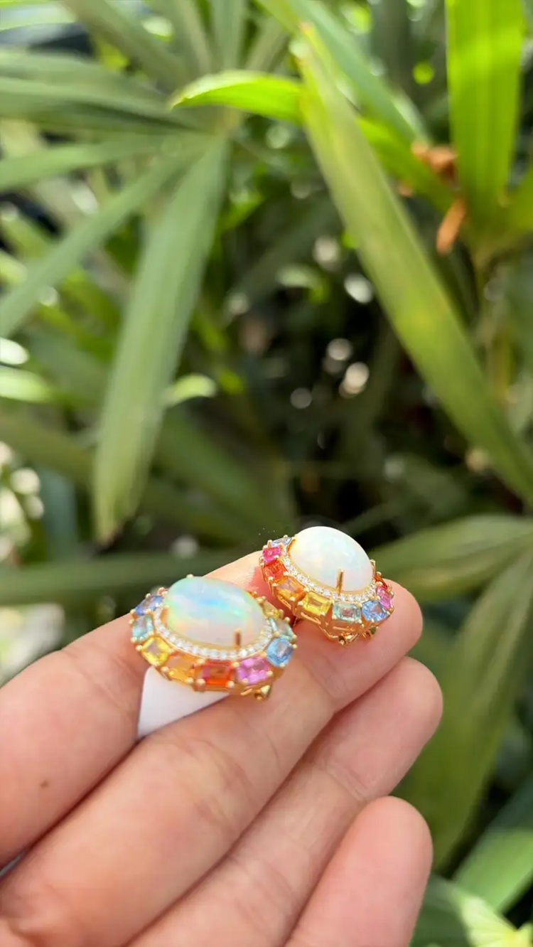 Natural Ethiopian Opal & Multi Sapphire Stud Earrings - 18k Yellow Gold Diamond Earrings