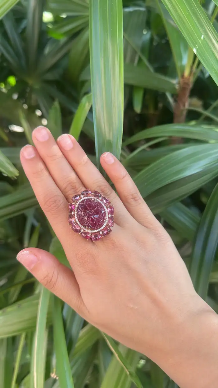 Hand Carved Tourmaline & Natural Diamond Cocktail Ring - 18k Rose Gold Ring