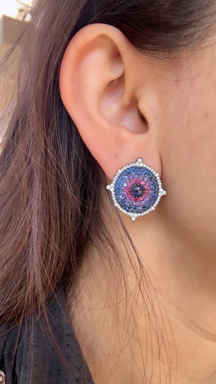 18k Gold Diamond Stud Earrings - Natural Ruby, Amethyst & Blue Sapphire Stud Earrings