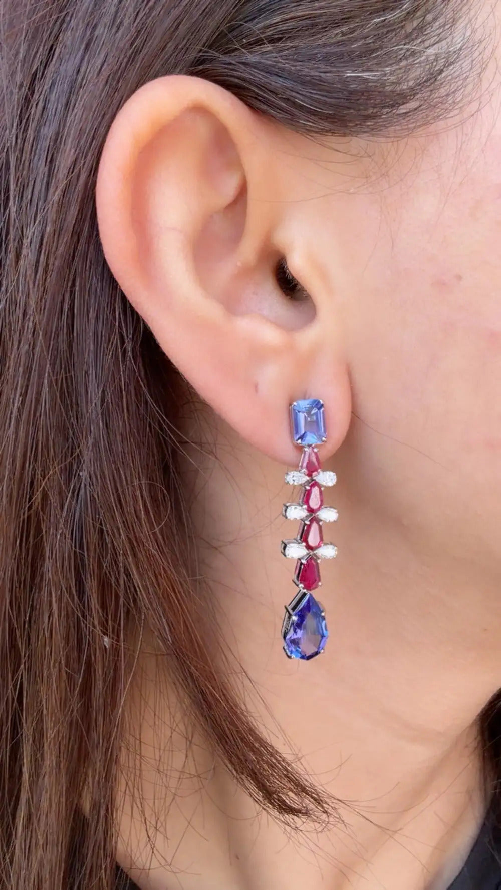 Mozambique Ruby & Tanzanite Dangle Earrings - 18k White Gold Diamond Handmade Earrings