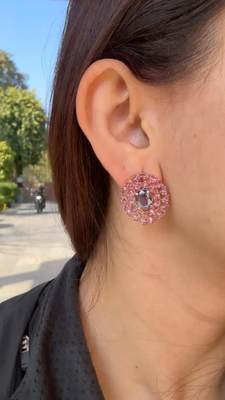 18k Rose Gold Stud Earrings - Natural Pink & Blue Sapphire Gemstone Stud Earrings