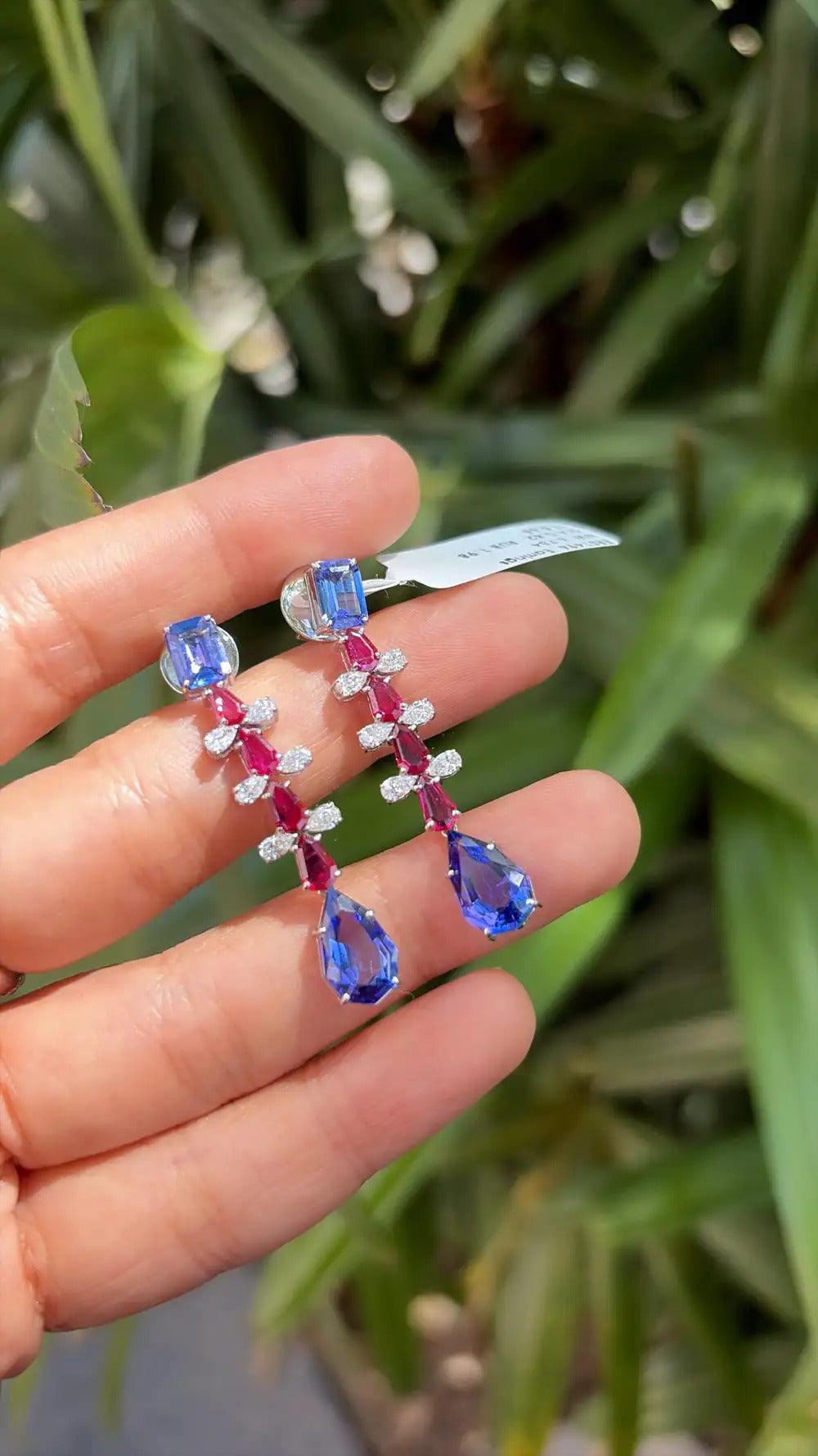Mozambique Ruby & Tanzanite Dangle Earrings - 18k White Gold Diamond Handmade Earrings