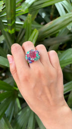 Natural Rubelite, Blue Sapphire, Ruby & Emerald Gemstone Cocktail Ring - 18k White Gold Diamond Ring