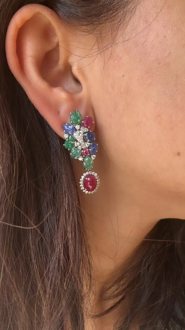 Natural Mozambique Ruby, Zambian Emerald & Blue Sapphire Dangle Earrings - 18k White Gold Diamond Chandelier Earrings Main Image