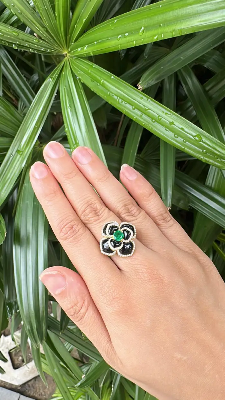 18k Yellow Gold Diamond Cocktail Ring - Natural Zambian Emerald Floral Ring