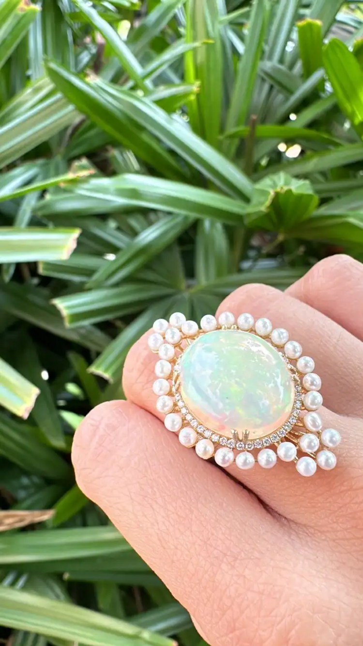 Ethiopian Opal & Freshwater Pearls Cocktail Ring - 18k Rose Gold Diamond Ring - Handmade Gold Diamond Ring