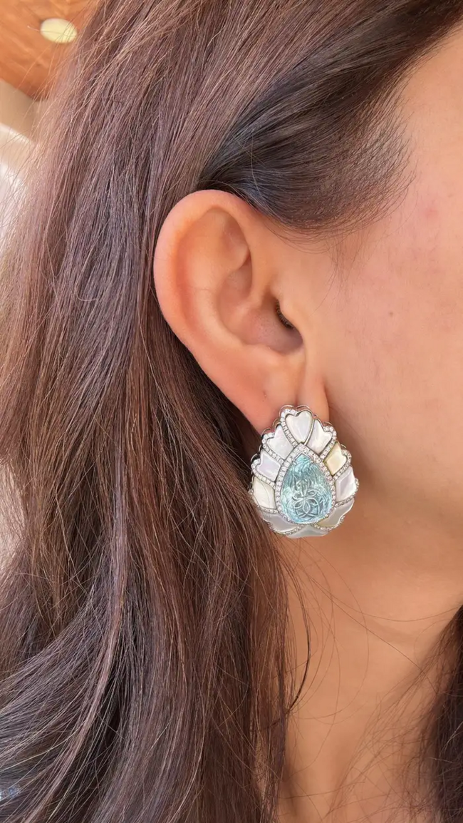 18k White Gold Handmade Diamond Stud Earrings - Pear Shape Carved Aquamarine & Pearl Stud Earrings Hover Image