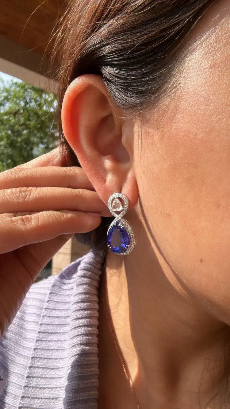 18k White Gold Handmade Rose Cut Diamond Earrings - Natural Tanzanite Gemstone Earrings - Best Anniversary Gift