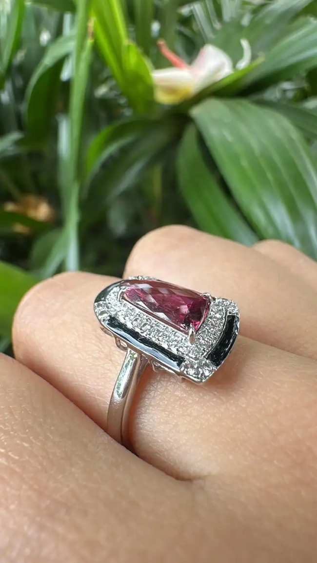 Natural Tourmaline & Black Enamel Ring - 18k White Gold Diamond Cocktail Ring Main Image
