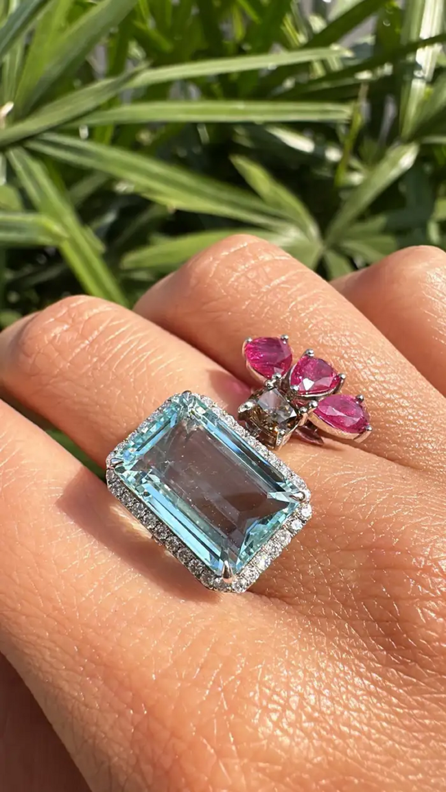 18k White Gold Brown Diamond Cuff Ring - Natural Aquamarine & Ruby Engagement Ring Main Image