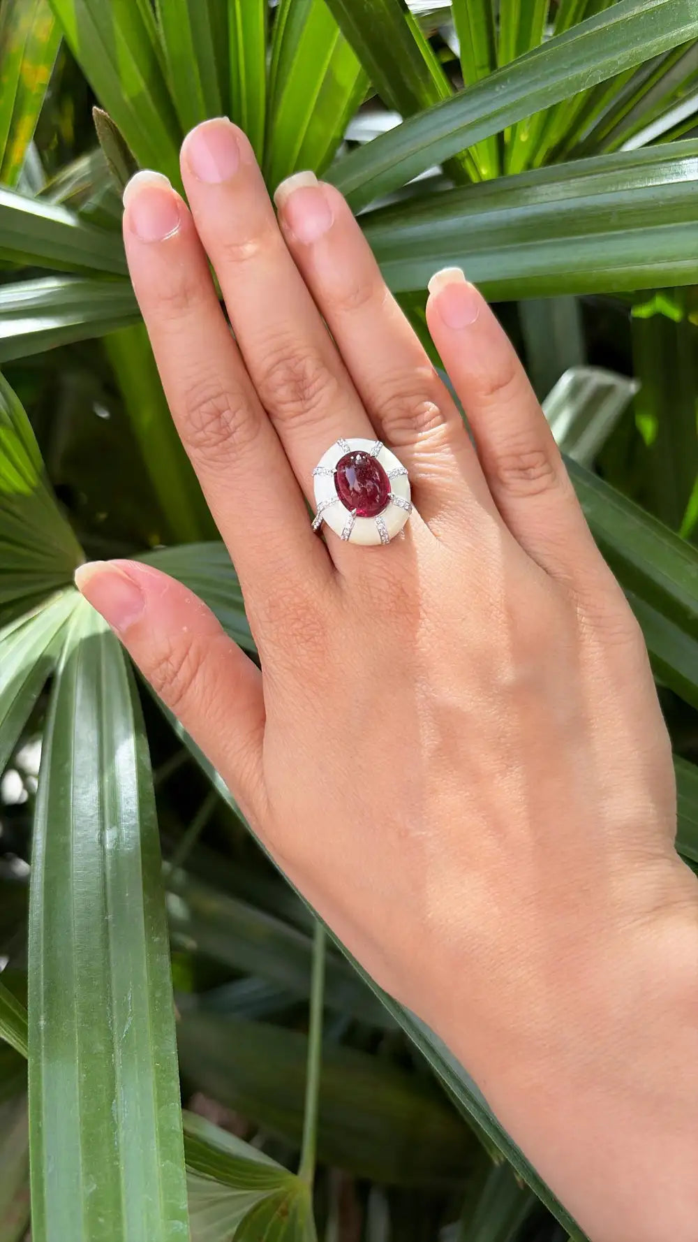 4.32 Ct. Rubellite & White Enamel Cocktail Dome Ring - 18k White Gold Diamond Ring