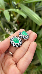 18k White Gold Diamond Stud Earrings - Natural Colombian Emerald & Black Onyx Stud Earrings