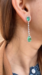 Natural Zambian Emerald & Rose Cut Diamond Dangle Earrings - 18k White Gold Handmade Drop Dangle Earrings
