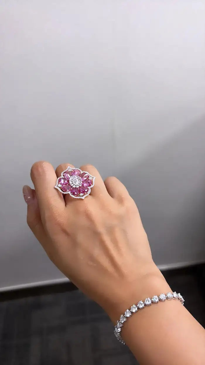 Natural Pink Sapphire Cocktail Ring - 18k Rose Gold Ring With Rose cut Diamonds