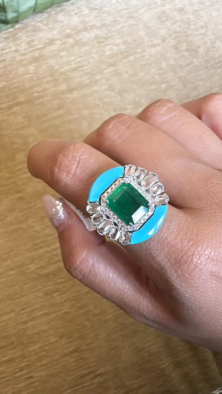 Natural Emerald & Rose Cut Diamond Ring - 18k White Gold Turquoise Gemstone Wedding Ring