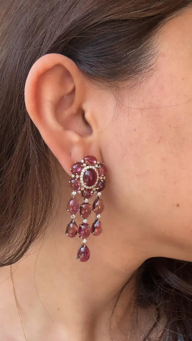 39.21 Ct. Cabochon Tourmaline Gemstone Dangle Earrings - 18k Rose Gold Diamond Wedding Earrings Main Image
