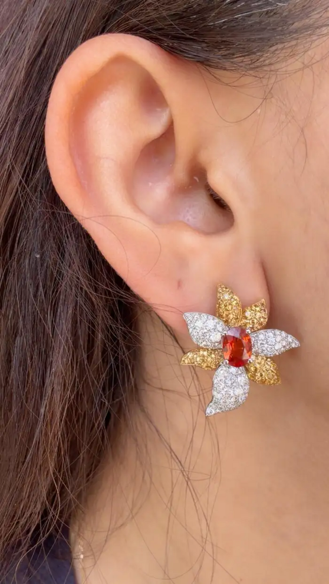 Orange & Yellow Sapphire Gemstone Stud Earrings - 18k White Gold Diamond Floral Stud Earrings Main Image