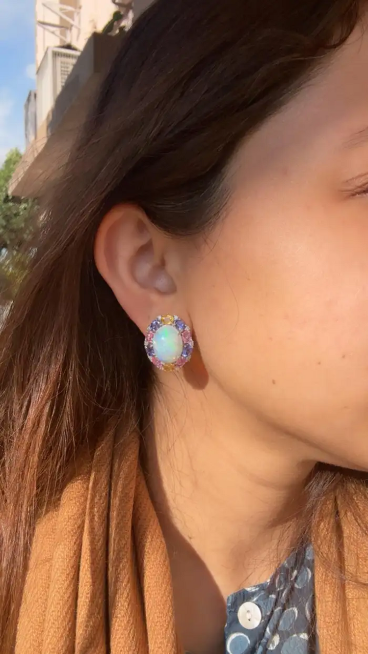 Ethiopian Opal, Tanzanite & Multi Sapphire Stud Earrings - 18k White Gold Diamond Earrings