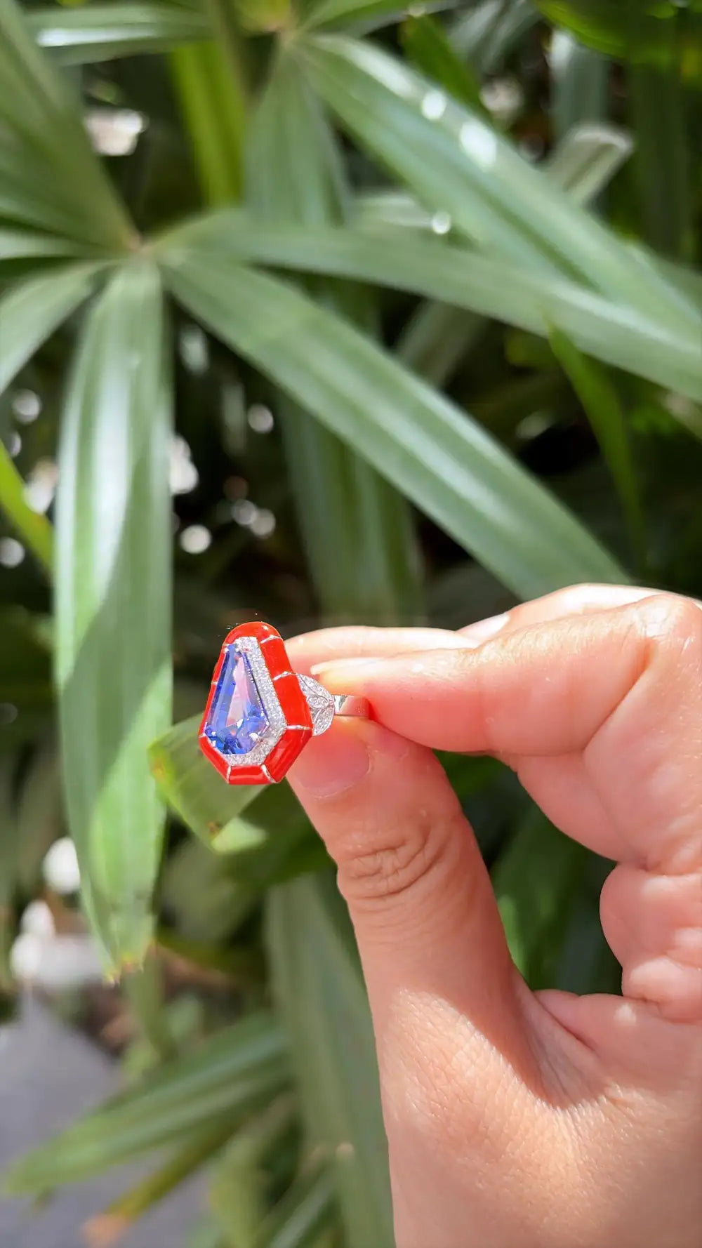 18k White Gold Diamond Ring - Natural Tanzanite & Orange Enamel Cocktail Ring