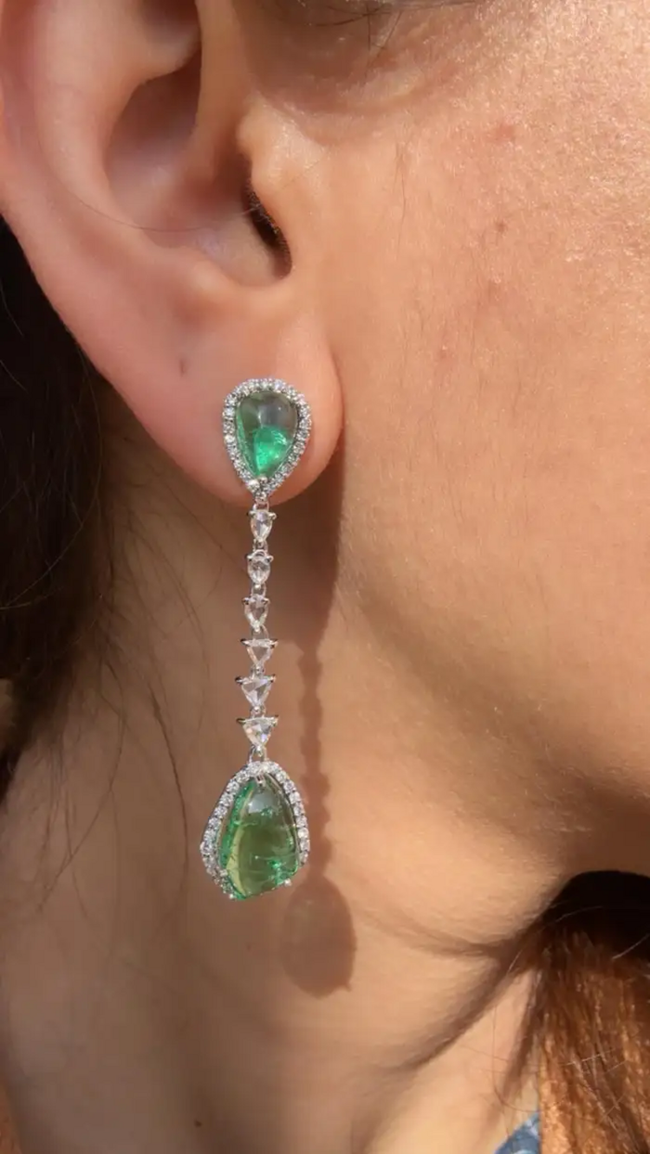 Natural Zambian Emerald & Rose Cut Diamond Dangle Earrings - 18k White Gold Handmade Drop Dangle Earrings Main Image