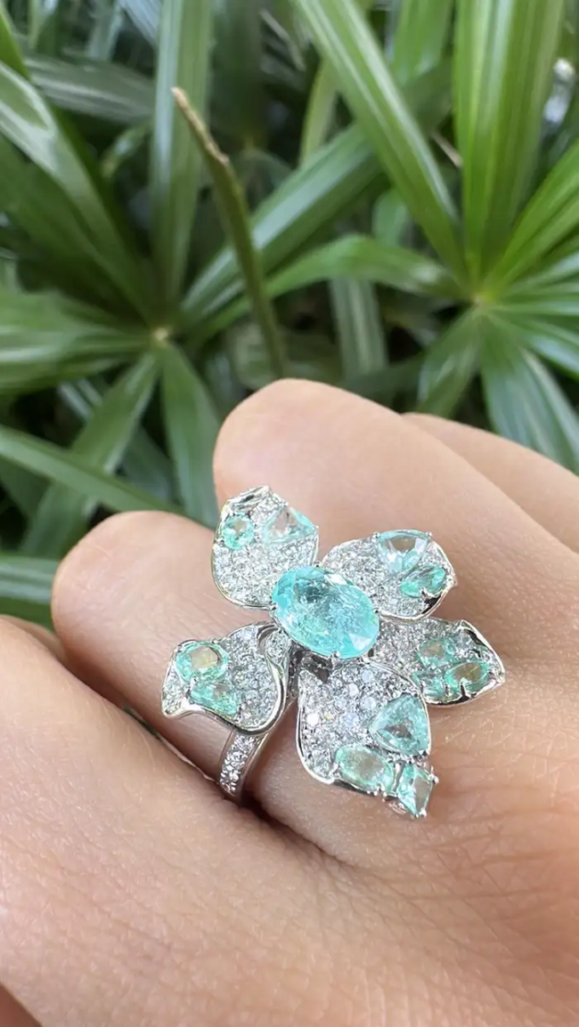 18k White Gold Diamond Cocktail Ring - Natural Paraiba Gemstone Wedding Ring Main Image
