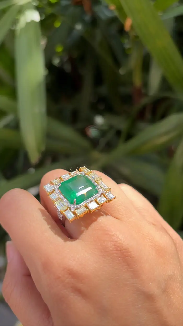 18k White Gold & Yellow Diamond Wedding Ring - Natural 13.56 Ct. Zambian Emerald Ring