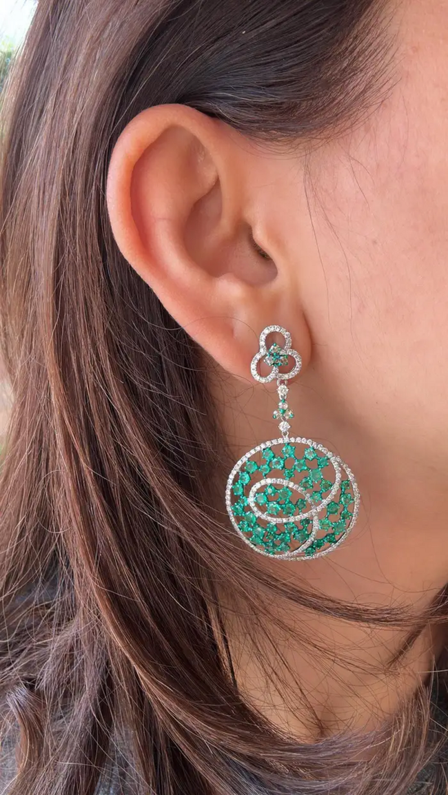 Natural Colombian Emerald Dangle Earrings - 18k White Gold Diamond Chandelier Earrings Main Image