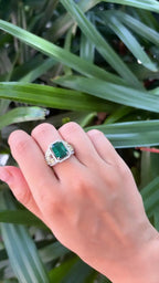 Natural Zambian Emerald Cocktail Ring - 18k White Gold Ring With Yellow Diamonds