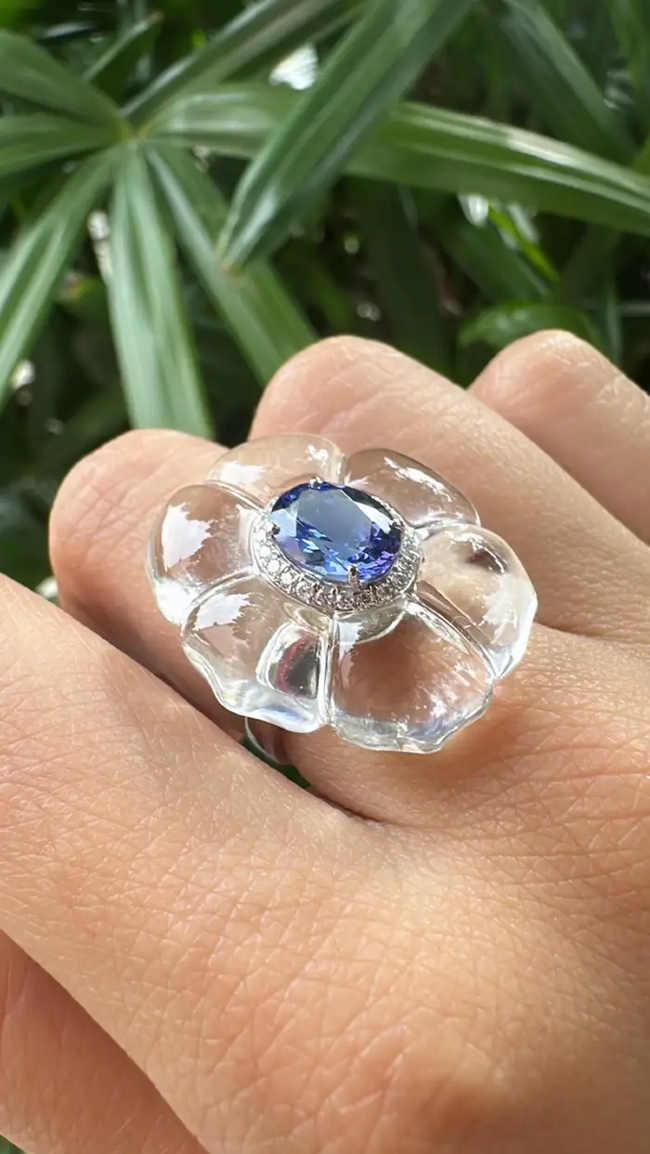 18k White Gold Diamond Cocktail Ring - Natural Tanzanite & Crystal Anniversary Gift Ring Main Image