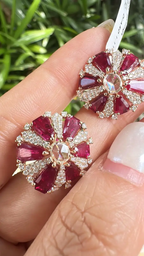 18k Rose Gold Diamond Stud Earrings - Natural Ruby & Rose Cut Diamond Earrings