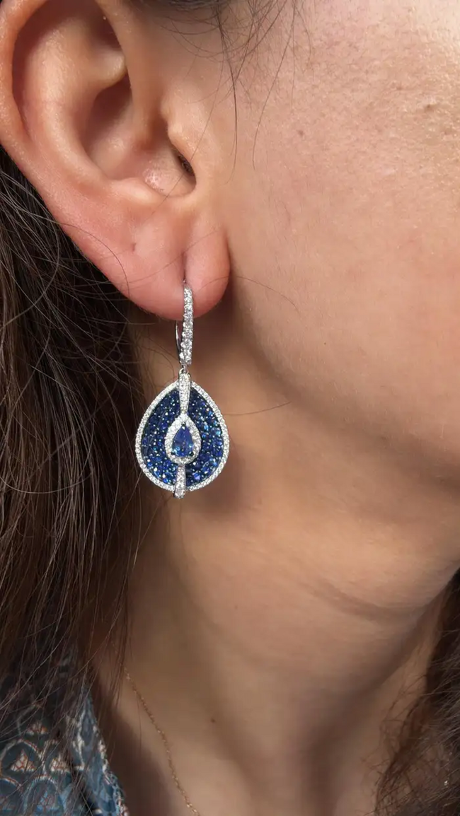 Natural Blue Sapphire & Diamond Earrings - 18k White Gold Handmade Dangle Earrings Main Image