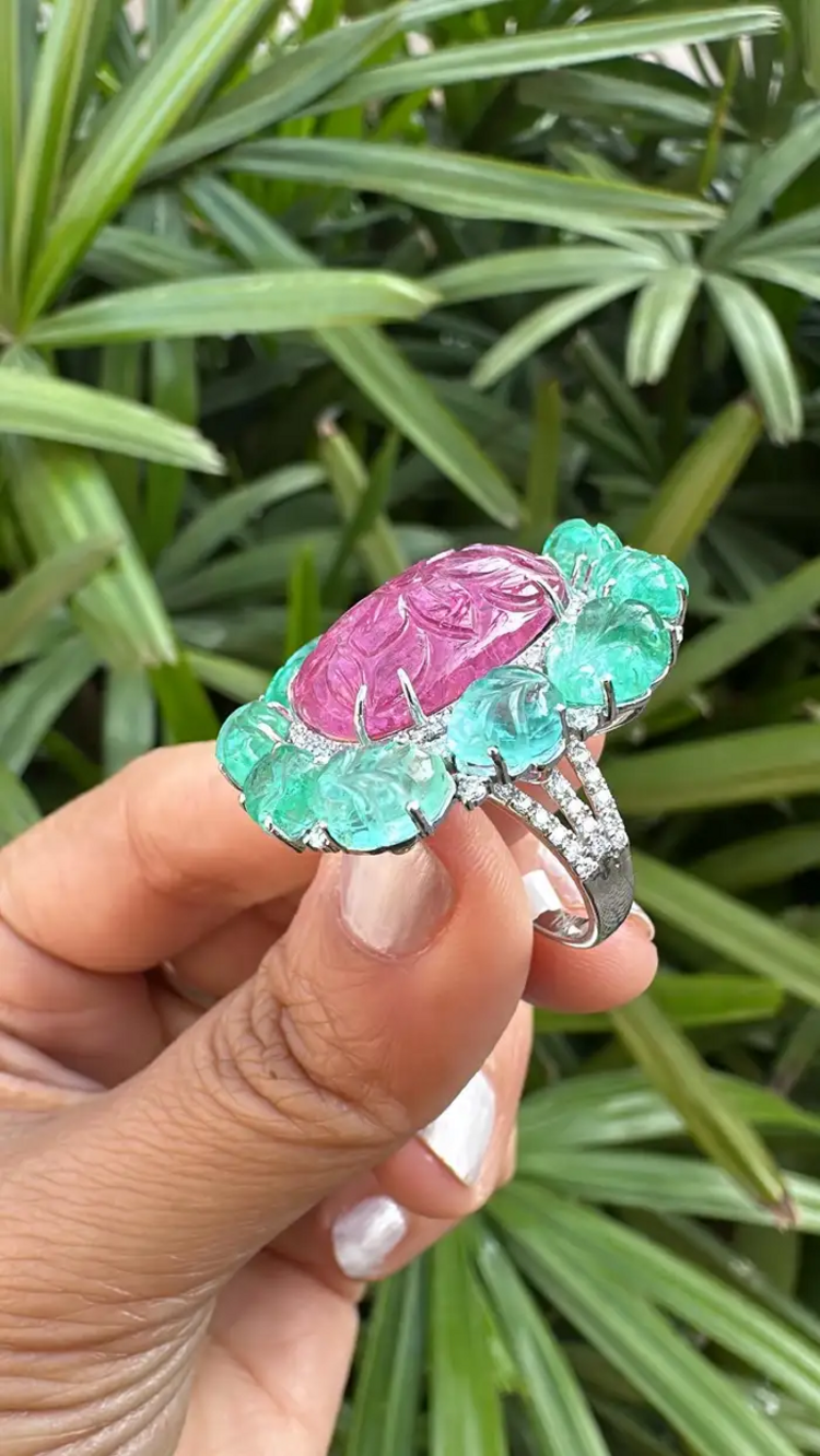 Carved Tourmaline, Emeralds & Diamonds Cocktail Ring - 18k White Gold Handmade Ring